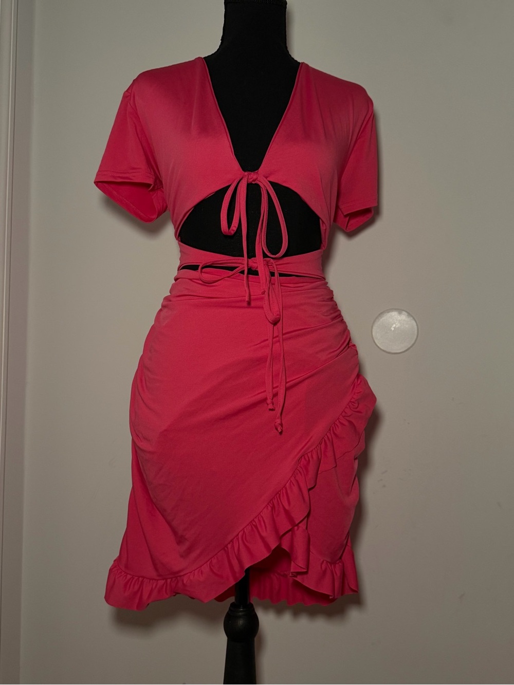 SHEIN Hot Pink Tie-Front Asymmetrical Ruffle Skirt Set